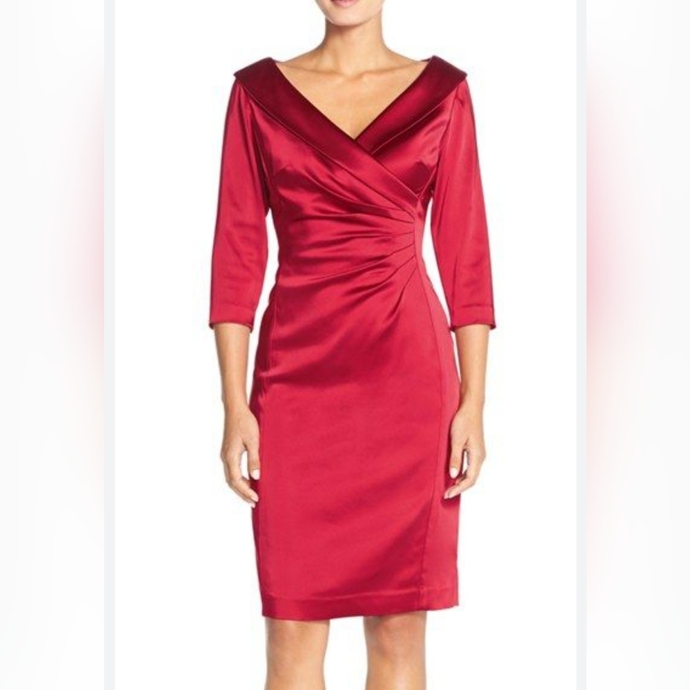 Tahari Arthur S Levine Red Portrait Collar Ruched Satin Sheath Midi Dress Size 8